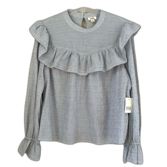 A.N.A. New Long Sleeve Peasant Boho Gray Striped Ruffle High Neck Blouse Top - Picture 1 of 16